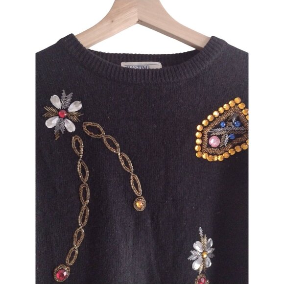 Vintage Embellished Wool Sweater M Hasting Smith Black Jeweled Crewneck Pullover - Picture 3 of 7